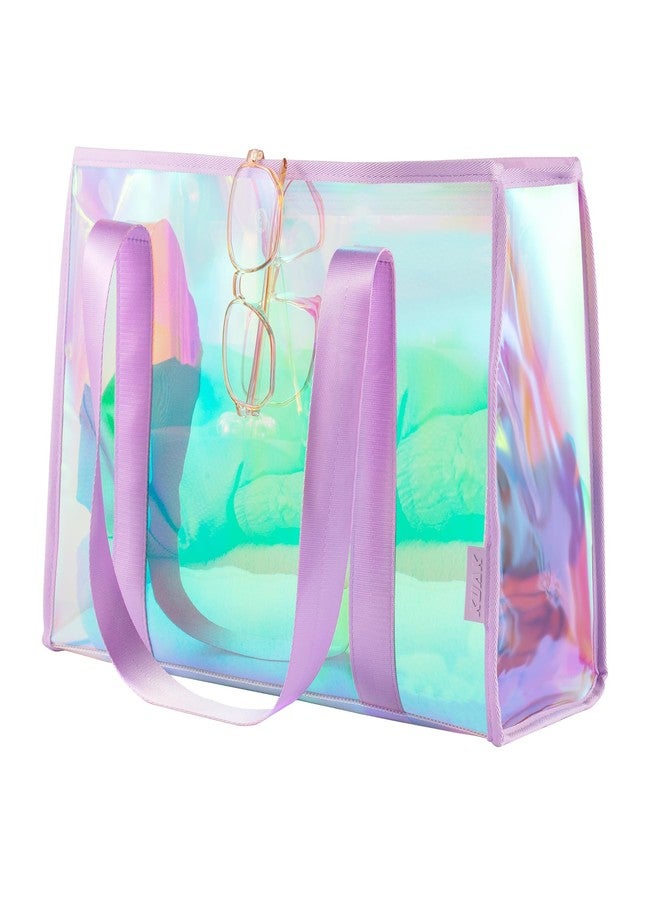 KUAK Large Beach Tote Bags for Women Gorgeous Iridescent Clear Tote Bag Waterproof Sandproof Beach Bag with Inner Waterproof Zipper Pocket, Tip-Proof for Swim, Pool, Travel, Cruise, Boat-Purple Strap - Image 1